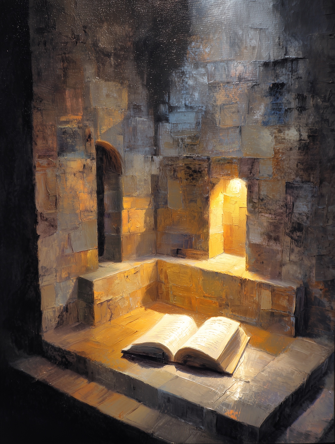 Warm stone room with a glowing open book