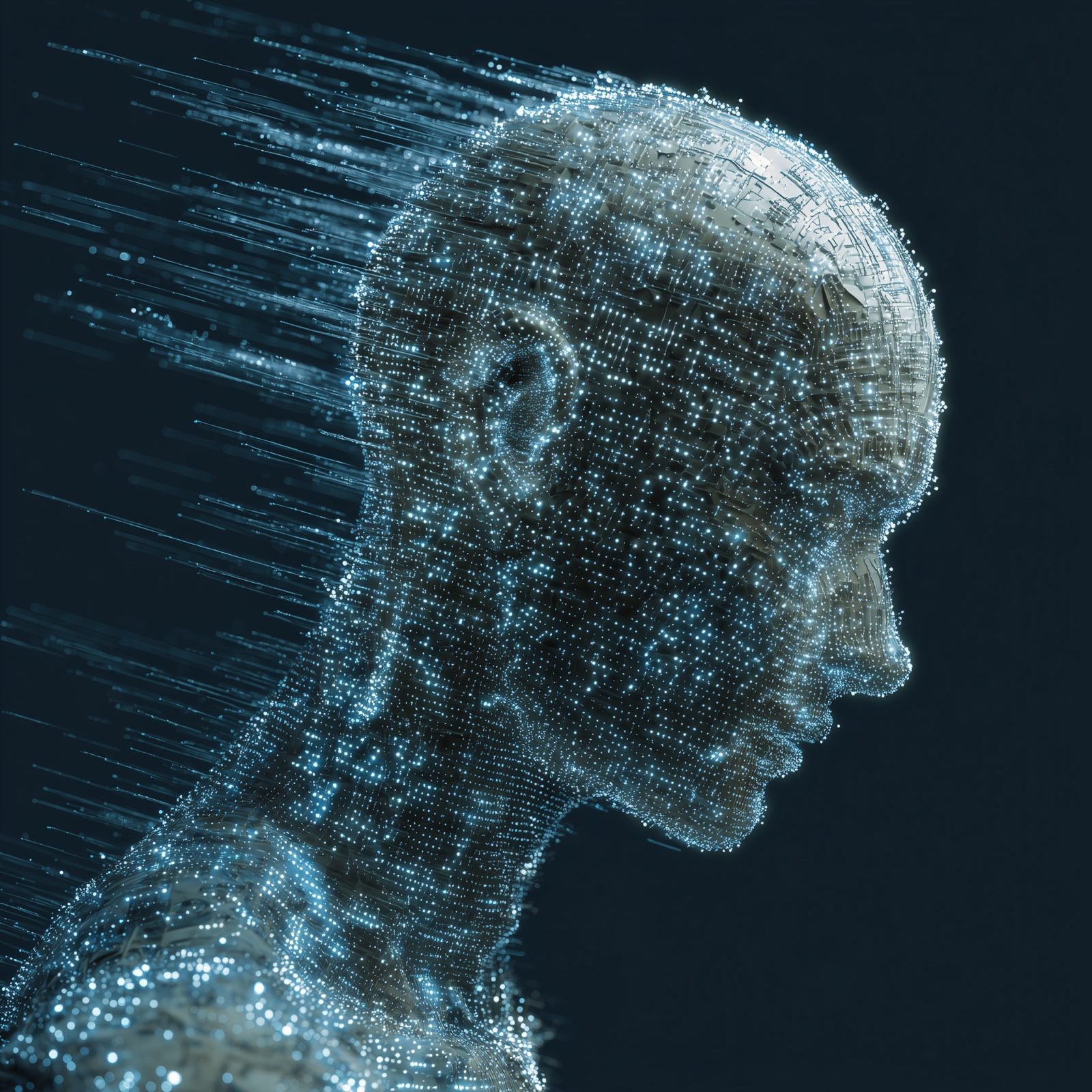 AI image of a glowing data-like human head in profile