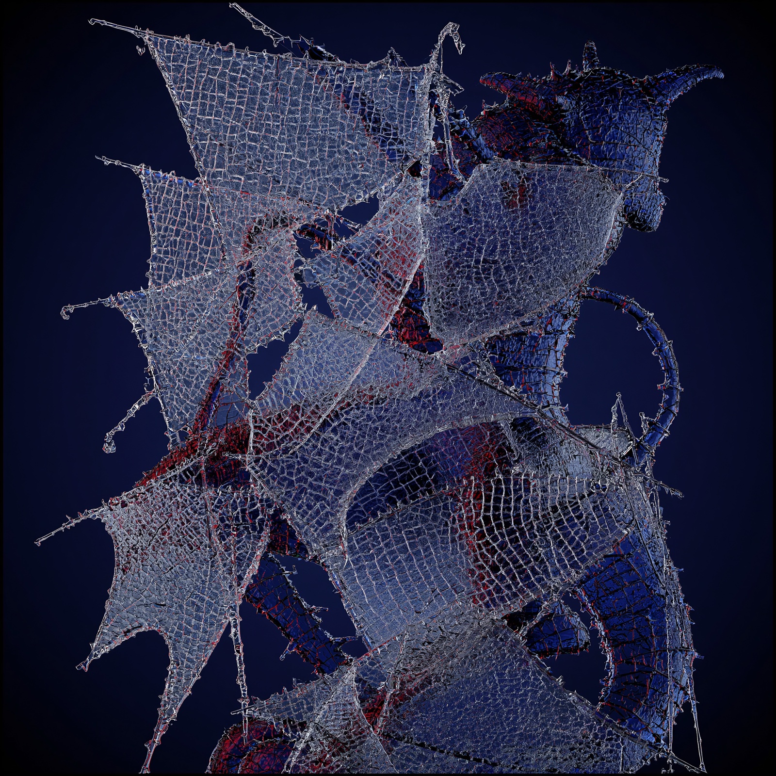 Iridescent fractured foil structure on a dark background