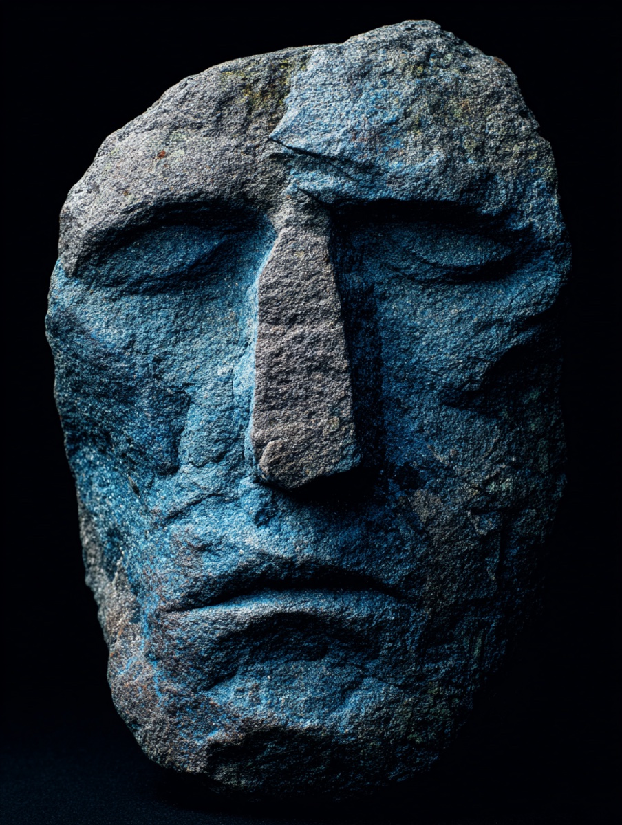 Blue stone mask face on a black background
