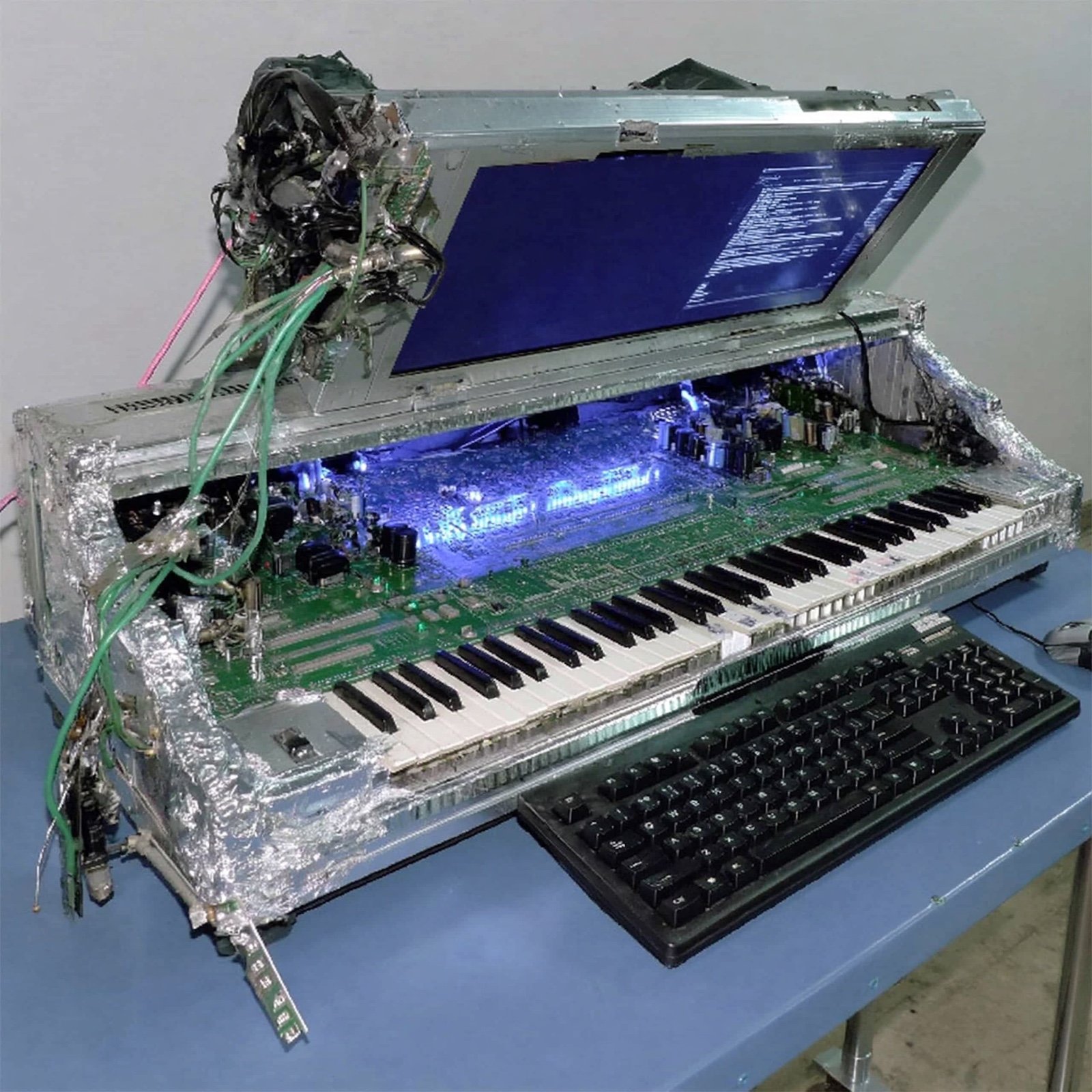 AI image of a translucent cybernetic synthesizer and computer object