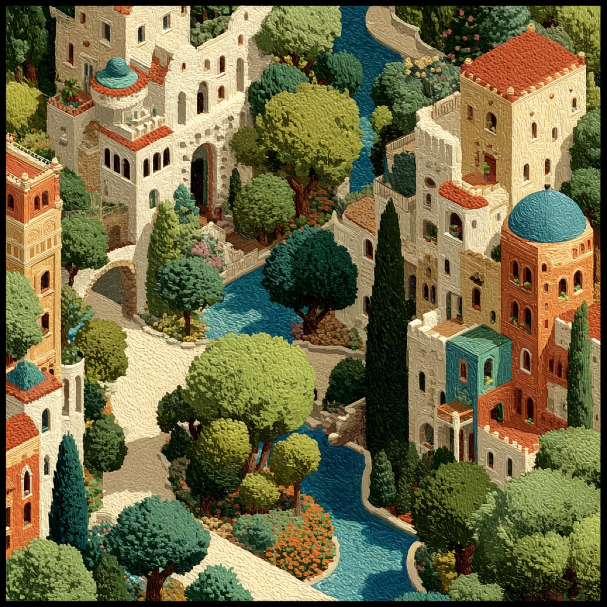 Miniature Mediterranean village with trees and canals